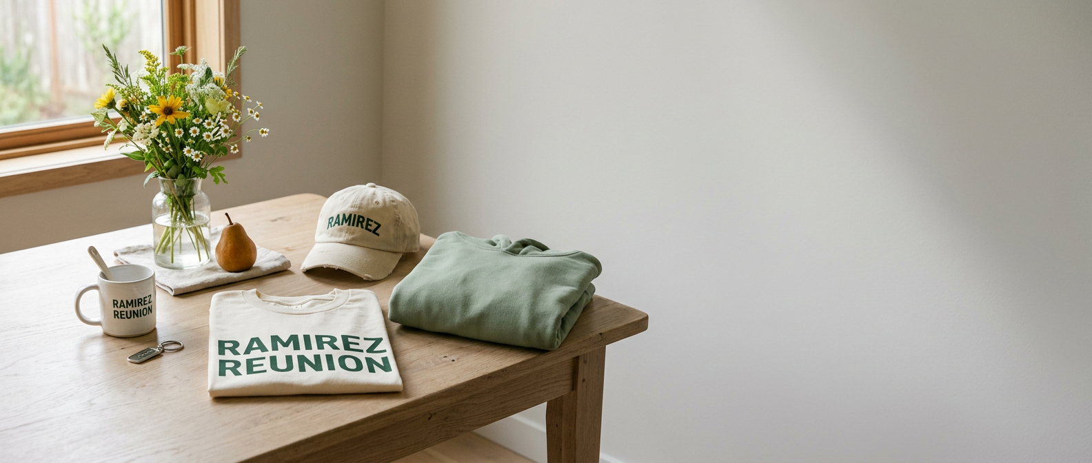 A wooden table set with a folded cream tee reading Ramirez Reunion, a matching cap, a sage hoodie and a mug, beside a jar of wildflowers.