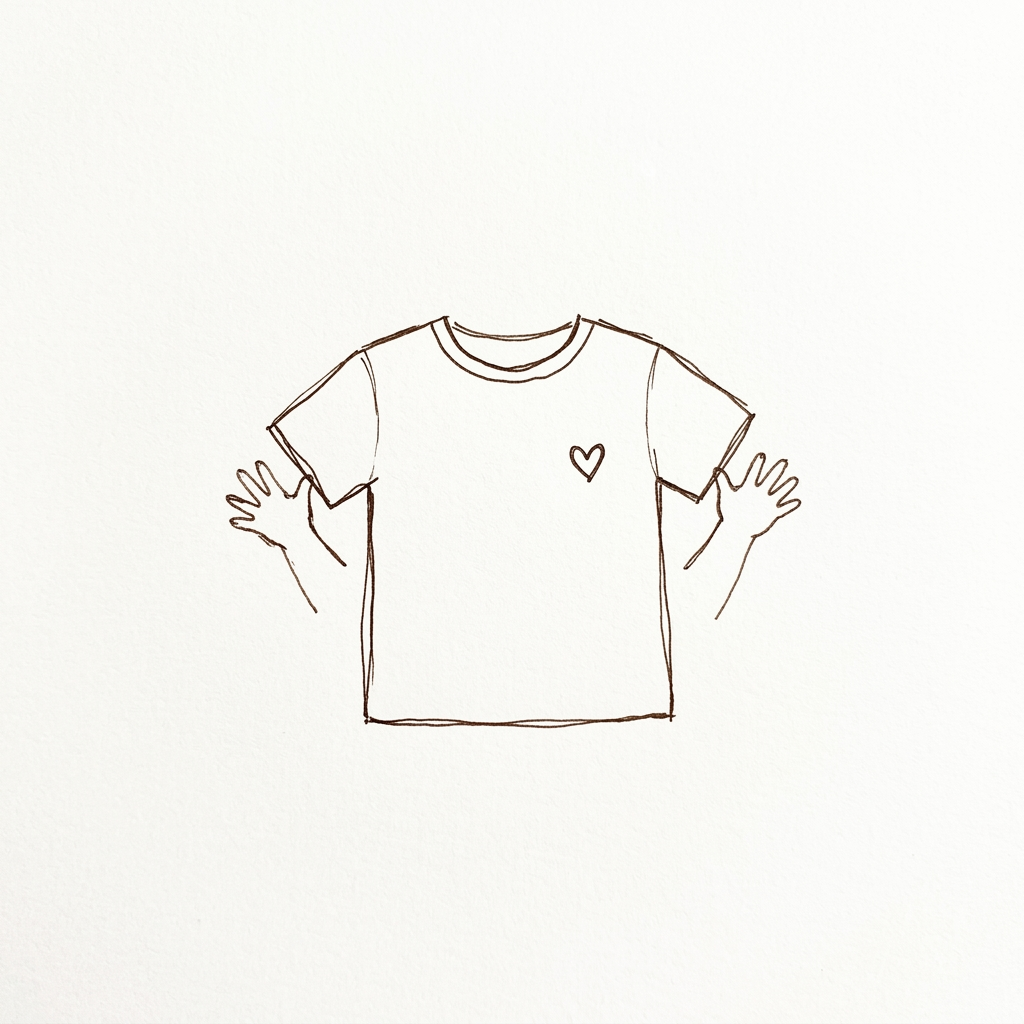 A sketched tee held up by two small hands.