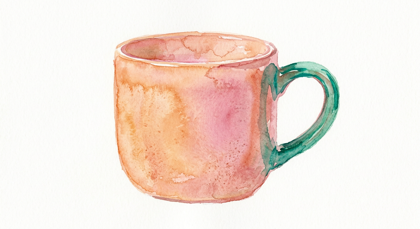 Watercolor painting of a peach mug with a green handle.