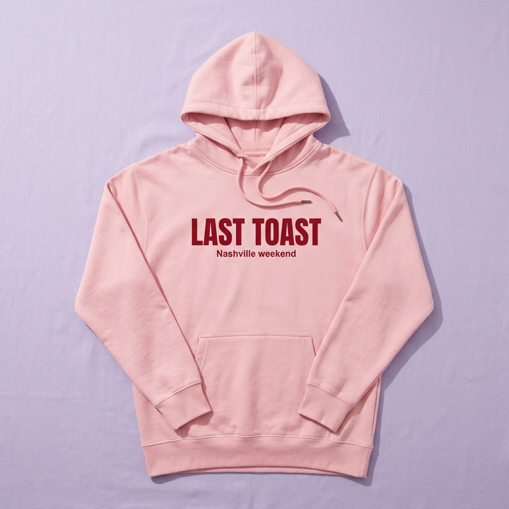 Pink hoodie printed Last Toast, Nashville weekend.