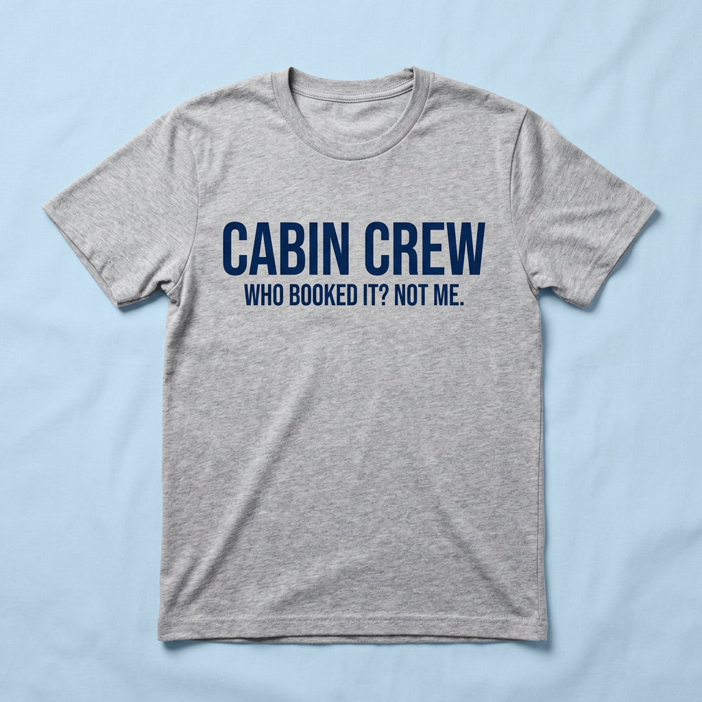 Grey tee printed Cabin Crew, Who booked it? Not me.