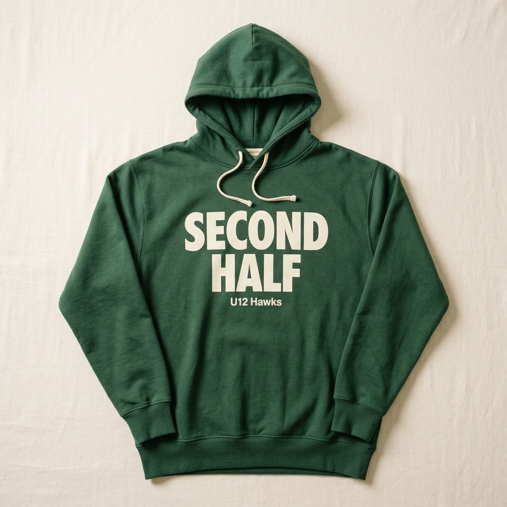 Green hoodie printed Second Half, U12 Hawks.