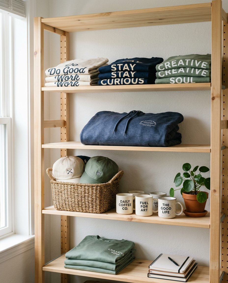 A wooden shelf stacked with folded custom tees, a navy hoodie, caps in a basket and printed mugs.